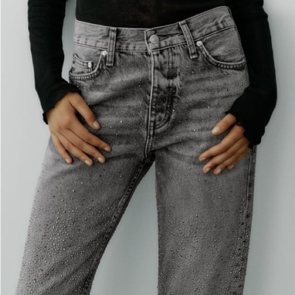 ZARA Rhinestone Mid Rise Jeans - Picture 3 of 11